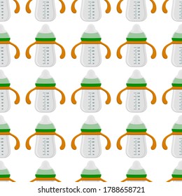 Ilustración sobre el kit de color temático leche para bebé en botella transparente con un pacificador de goma. Botella de leche de bebé que consiste en recolección para recién nacidos, buen pacificador. Pacificador en botellas de leche, equipo de cuidado de bebés.