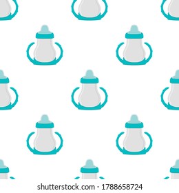 Illustration auf Thema bunte Kit Babymilch in klare Flasche mit Gummi-Pazifik. Babymilchflasche, bestehend aus der Sammlung bis zum Neugeborenen, guter Pazifik. Pazifischer in Milchflasche es Babypflegegerät.