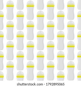 Illustration on theme colored kit baby milk in clear bottle with rubber pacifier. Baby milk bottle consisting of collection to newborn, good pacifier. Pacifier in milk bottle it baby care equipment.