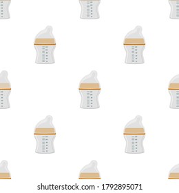 Illustration on theme colored kit baby milk in clear bottle with rubber pacifier. Baby milk bottle consisting of collection to newborn, good pacifier. Pacifier in milk bottle it baby care equipment.