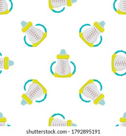 Illustration on theme colored kit baby milk in clear bottle with rubber pacifier. Baby milk bottle consisting of collection to newborn, good pacifier. Pacifier in milk bottle it baby care equipment.