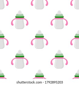 Illustration on theme colored kit baby milk in clear bottle with rubber pacifier. Baby milk bottle consisting of collection to newborn, good pacifier. Pacifier in milk bottle it baby care equipment.