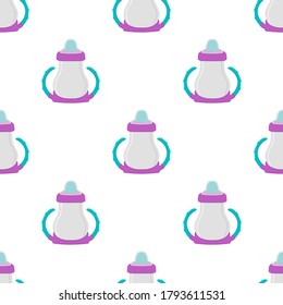 Ilustración sobre el kit de color temático leche para bebé en botella transparente con un pacificador de goma. Botella de leche de bebé que consiste en recolección para recién nacidos, buen pacificador. Pacificador en botellas de leche, equipo de cuidado de bebés.