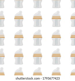Illustration on theme colored kit baby milk in clear bottle with rubber pacifier. Baby milk bottle consisting of collection to newborn, good pacifier. Pacifier in milk bottle it baby care equipment.