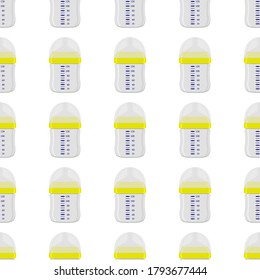 Illustration on theme colored kit baby milk in clear bottle with rubber pacifier. Baby milk bottle consisting of collection to newborn, good pacifier. Pacifier in milk bottle it baby care equipment.