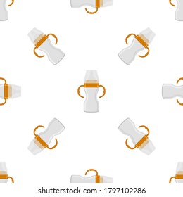 Illustration on theme colored kit baby milk in clear bottle with rubber pacifier. Baby milk bottle consisting of collection to newborn, good pacifier. Pacifier in milk bottle it baby care equipment.