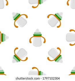 Illustration on theme colored kit baby milk in clear bottle with rubber pacifier. Baby milk bottle consisting of collection to newborn, good pacifier. Pacifier in milk bottle it baby care equipment.