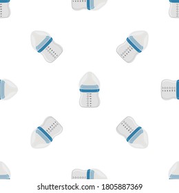 Illustration on theme colored kit baby milk in clear bottle with rubber pacifier. Baby milk bottle consisting of collection to newborn, good pacifier. Pacifier in milk bottle it baby care equipment.