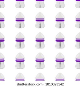 Ilustración sobre el kit de color temático leche para bebé en botella transparente con un pacificador de goma. Botella de leche de bebé que consiste en recolección para recién nacidos, buen pacificador. Pacificador en botellas de leche, equipo de cuidado de bebés.