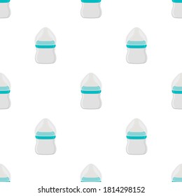Ilustración sobre el kit de color temático leche para bebé en botella transparente con un pacificador de goma. Botella de leche de bebé que consiste en recolección para recién nacidos, buen pacificador. Pacificador en botellas de leche, equipo de cuidado de bebés.