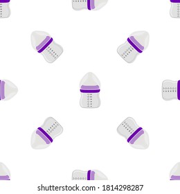 Illustration on theme colored kit baby milk in clear bottle with rubber pacifier. Baby milk bottle consisting of collection to newborn, good pacifier. Pacifier in milk bottle it baby care equipment.
