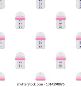 Illustration on theme colored kit baby milk in clear bottle with rubber pacifier. Baby milk bottle consisting of collection to newborn, good pacifier. Pacifier in milk bottle it baby care equipment.