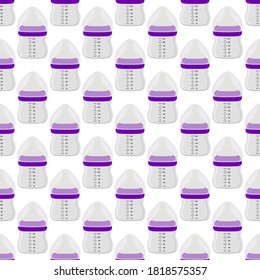 Illustration on theme colored kit baby milk in clear bottle with rubber pacifier. Baby milk bottle consisting of collection to newborn, good pacifier. Pacifier in milk bottle it baby care equipment.