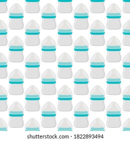 Ilustración sobre el kit de color temático leche para bebé en botella transparente con un pacificador de goma. Botella de leche de bebé que consiste en recolección para recién nacidos, buen pacificador. Pacificador en botellas de leche, equipo de cuidado de bebés.