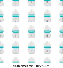 Illustration on theme colored kit baby milk in clear bottle with rubber pacifier. Baby milk bottle consisting of collection to newborn, good pacifier. Pacifier in milk bottle it baby care equipment.