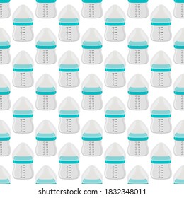 Illustration on theme colored kit baby milk in clear bottle with rubber pacifier. Baby milk bottle consisting of collection to newborn, good pacifier. Pacifier in milk bottle it baby care equipment.