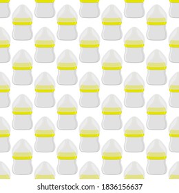 Ilustración sobre el kit de color temático leche para bebé en botella transparente con un pacificador de goma. Botella de leche de bebé que consiste en recolección para recién nacidos, buen pacificador. Pacificador en botellas de leche, equipo de cuidado de bebés.