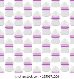 Ilustración sobre el kit de color temático leche para bebé en botella transparente con un pacificador de goma. Botella de leche de bebé que consiste en recolección para recién nacidos, buen pacificador. Pacificador en botellas de leche, equipo de cuidado de bebés.