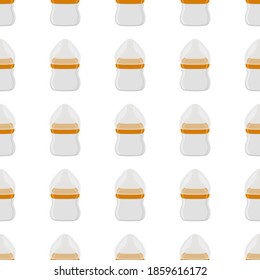 Illustration on theme colored kit baby milk in clear bottle with rubber pacifier. Baby milk bottle consisting of collection to newborn, good pacifier. Pacifier in milk bottle it baby care equipment.