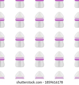 Illustration on theme colored kit baby milk in clear bottle with rubber pacifier. Baby milk bottle consisting of collection to newborn, good pacifier. Pacifier in milk bottle it baby care equipment.