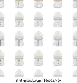 Ilustración sobre el kit de color temático leche para bebé en botella transparente con un pacificador de goma. Botella de leche de bebé que consiste en recolección para recién nacidos, buen pacificador. Pacificador en botellas de leche, equipo de cuidado de bebés.