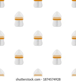 Ilustración sobre el kit de color temático leche para bebé en botella transparente con un pacificador de goma. Botella de leche de bebé que consiste en recolección para recién nacidos, buen pacificador. Pacificador en botellas de leche, equipo de cuidado de bebés.