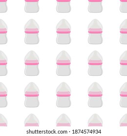 Illustration on theme colored kit baby milk in clear bottle with rubber pacifier. Baby milk bottle consisting of collection to newborn, good pacifier. Pacifier in milk bottle it baby care equipment.
