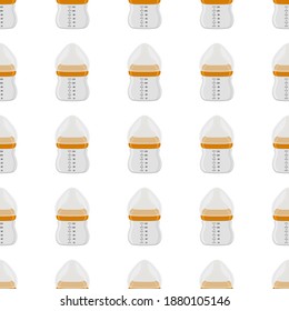 Ilustración sobre el kit de color temático leche para bebé en botella transparente con un pacificador de goma. Botella de leche de bebé que consiste en recolección para recién nacidos, buen pacificador. Pacificador en botellas de leche, equipo de cuidado de bebés.