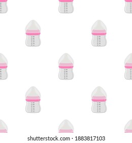 Illustration on theme colored kit baby milk in clear bottle with rubber pacifier. Baby milk bottle consisting of collection to newborn, good pacifier. Pacifier in milk bottle it baby care equipment.