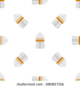 Illustration on theme colored kit baby milk in clear bottle with rubber pacifier. Baby milk bottle consisting of collection to newborn, good pacifier. Pacifier in milk bottle it baby care equipment.