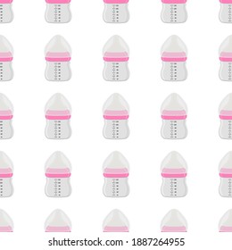 Illustration auf Thema bunte Kit Babymilch in klare Flasche mit Gummi-Pazifik. Babymilchflasche, bestehend aus der Sammlung bis zum Neugeborenen, guter Pazifik. Pazifischer in Milchflasche es Babypflegegerät.