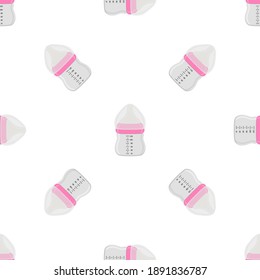 Illustration on theme colored kit baby milk in clear bottle with rubber pacifier. Baby milk bottle consisting of collection to newborn, good pacifier. Pacifier in milk bottle it baby care equipment.
