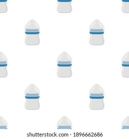 Illustration on theme colored kit baby milk in clear bottle with rubber pacifier. Baby milk bottle consisting of collection to newborn, good pacifier. Pacifier in milk bottle it baby care equipment.