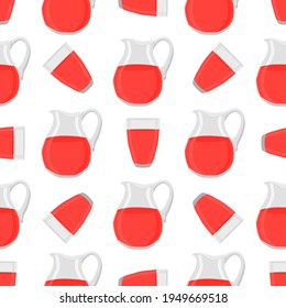 Illustration auf Thema farbige Limonade in Glaskrug, Tasse für natürliches Getränk. Zitronenmuster bestehend aus Küchenzubehör, Glaskrug, Tasse zu Bio-Lebensmitteln. Leckere frische Limonade aus Krug bei Glasbecher
