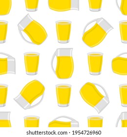 Illustration on theme colored lemonade in glass jug, cup for natural drink. Lemonade pattern consisting of kitchen accessory, glass jug, cup to organic food. Tasty fresh lemonade from jug at glass cup
