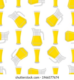 Illustration on theme colored lemonade in glass jug, cup for natural drink. Lemonade pattern consisting of kitchen accessory, glass jug, cup to organic food. Tasty fresh lemonade from jug at glass cup