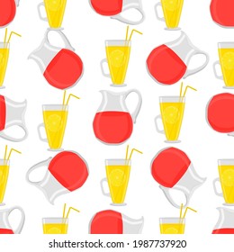 Illustration on theme colored lemonade in glass jug, cup for natural drink. Lemonade pattern consisting of kitchen accessory, glass jug, cup to organic food. Tasty fresh lemonade from jug at glass cup