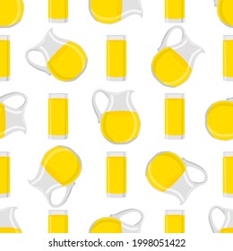 Illustration auf Thema farbige Limonade in Glaskrug, Tasse für natürliches Getränk. Zitronenmuster bestehend aus Küchenzubehör, Glaskrug, Tasse zu Bio-Lebensmitteln. Leckere frische Limonade aus Krug bei Glasbecher