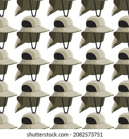 Illustration on theme colored pattern fishing hats, beautiful caps in white background. Caps pattern consisting of collection fishing hats for wearing. Pattern of design hats, fishing caps for weather