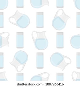 Illustration on theme colored set identical types glass jugs for drinking water. Water pattern consisting of collection kitchen accessory, same glass jugs to organic food. Tasty water in glass jugs.