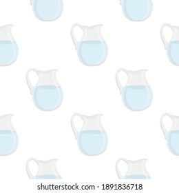 Illustration on theme colored set identical types glass jugs for drinking water. Water pattern consisting of collection kitchen accessory, same glass jugs to organic food. Tasty water in glass jugs.