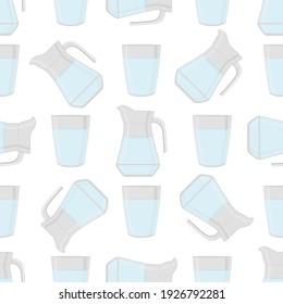 Ilustración sobre el conjunto de colores del tema de los tipos idénticos de jarras de vidrio para agua potable. Patrón de agua consistente en accesorios de cocina de colección, mismas jarras de vidrio para comida orgánica. Agua deliciosa en jarras de vidrio.