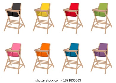 Illustration on theme colorful modern child high chair for baby feeding. Drawing consisting of collection colored layouts child chair on high legs. Kit stylish child accessory it bright high chair.