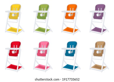 Illustration on theme colorful modern child high chair for baby feeding. Drawing consisting of collection colored layouts child chair on high legs. Kit stylish child accessory it bright high chair.