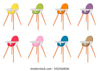 Illustration on theme colorful modern child high chair for baby feeding. Drawing consisting of collection colored layouts child chair on high legs. Kit stylish child accessory it bright high chair.