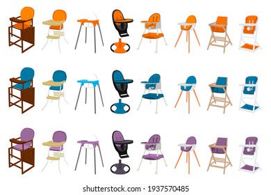 Illustration on theme colorful modern child high chair for baby feeding. Drawing consisting of collection colored layouts child chair on high legs. Kit stylish child accessory it bright high chair.