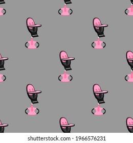 Illustration on theme colorful modern child high chair for baby feeding. Drawing consisting of collection colored layouts child chair on high legs. Kit stylish child accessory it bright high chair.