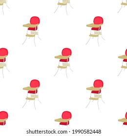 Illustration on theme colorful modern child high chair for baby feeding. Drawing consisting of collection colored layouts child chair on high legs. Kit stylish child accessory it bright high chair.