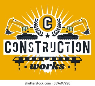Illustration on the theme of the construction works. Construction machinery. Special equipment. Lettering on the isolated background. Excavators, crane. Logo letters. Flat style 