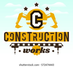 Illustration on the theme of the construction works. Construction machinery. Special equipment. Lettering on the isolated background. Logo special equipment, hydraulic arm. Excavator, crane.